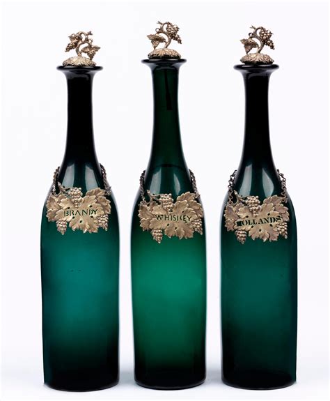 Three Victorian Green Glass Spirit Bottles With Labels 19th Century