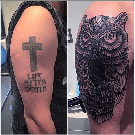 Cross cover up tribal tattoo. Cross to Owl - Cover Up by Lorena | Tattoos, Up tattoos ...