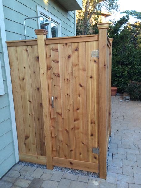 Cedar Wood Outdoor Shower With Stainless Steal Signature Hardware And Decorative Posts Outdoor