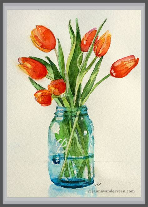 Watercolor Painting Tulips In Blue Vase My Tulips Are Red In This