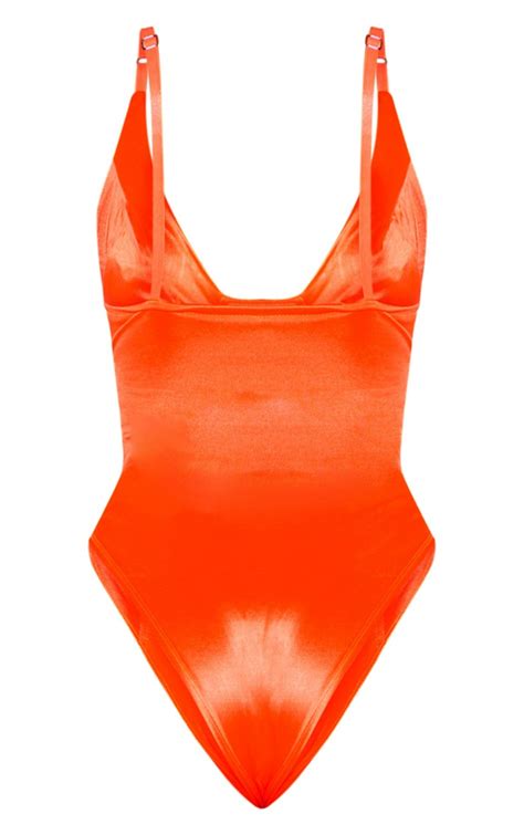 Orange Stretch Satin Cup Bodysuit Tops Prettylittlething Usa