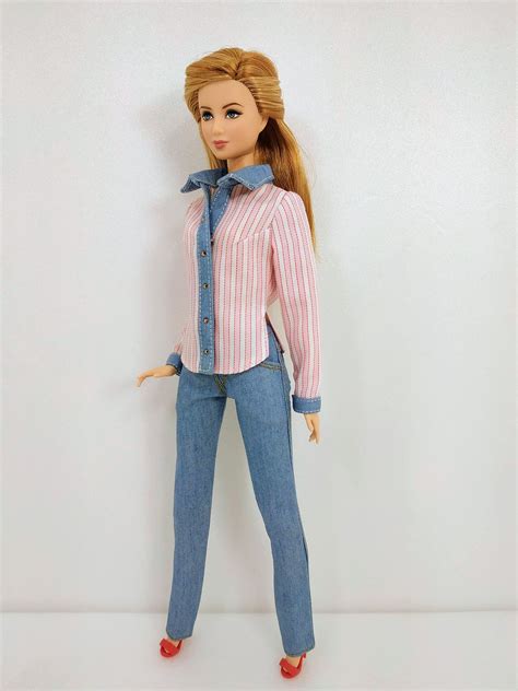 Barbie Clothes Doll Clothes Pink Striped Shirt With Denim Etsy