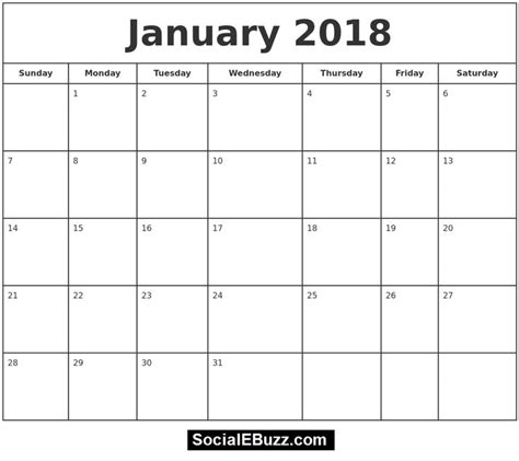 January 2018 Calendar Printable Template January Calendar 2018 2018