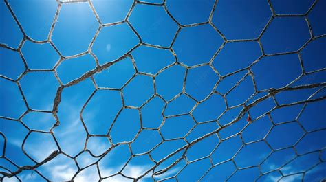Texture Of A Soccer Football Cage Set Against A Blue Sky Background