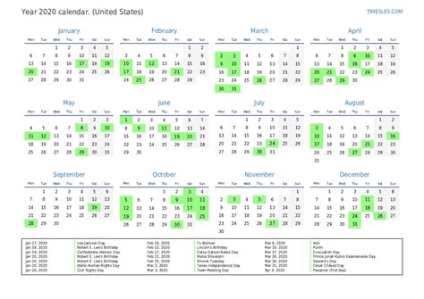 Calendar For 2020 With Holidays In United States Print And Download