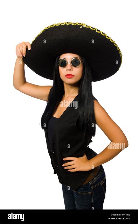 Young Mexican Woman Wearing Sombrero Isolated On White Stock Photo Alamy
