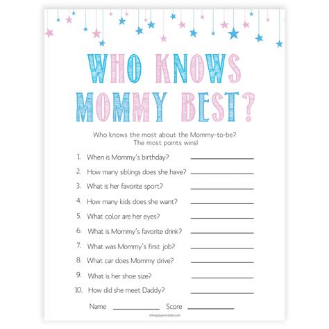 Who Knows Mommy Best Game Gender Reveal Printable Baby Shower Games