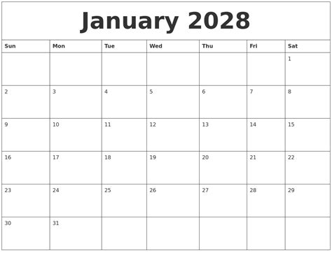 January 2028 Printable Daily Calendar