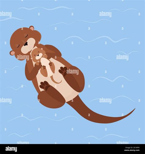 Mother Otter Swims With Her Sleeping Cute Baby In Blue River Cartoon