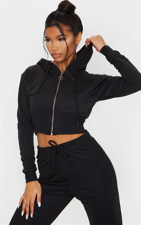Black Zip Up Bustier Hoodie Co Ords Prettylittlething Ire