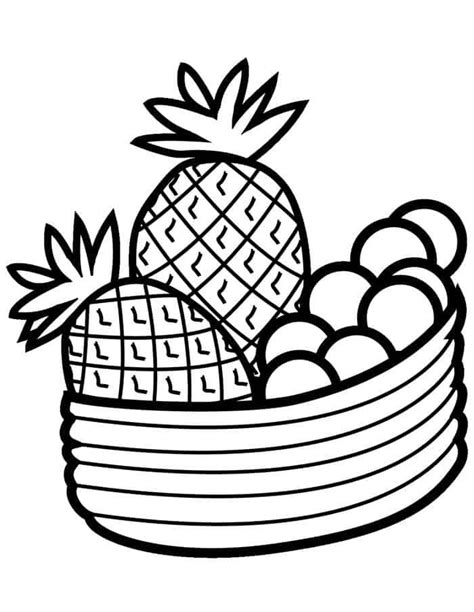 A Black And White Drawing Of A Pineapple In A Basket With Other Fruit