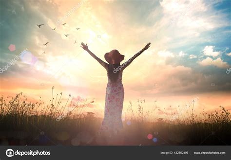 Praise Worship God Concept Silhouette Healthy Woman Raised Hands Praise