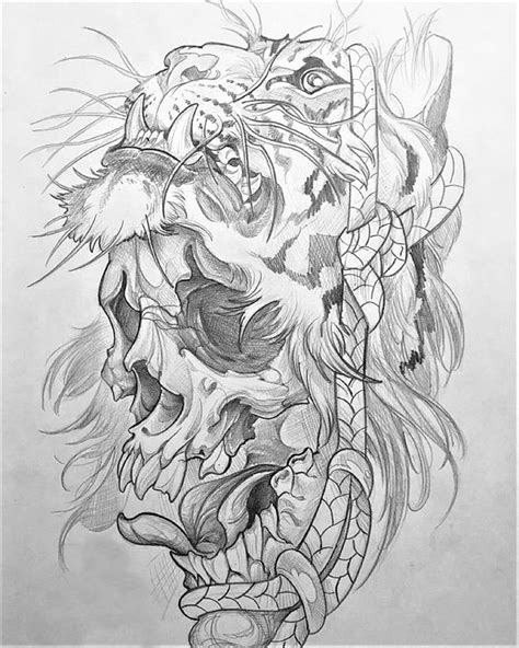 Tiger Head And Human Skull 1 Tatto Skull Tatoo Art Skull Art Tattoo