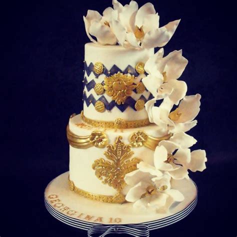2 Tier Blue White And Gold Birthday Cake