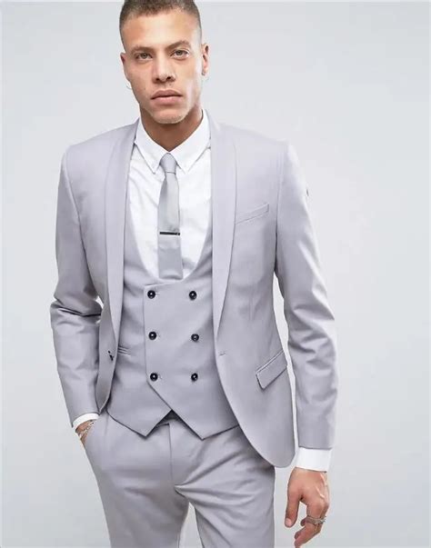 Latest Coat Pant Designs Grey Double Breasted Men Suit Slim Fit 3 Piece