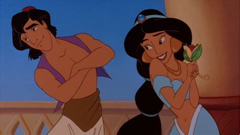 Jasmine Smiling At Aladdin As She Is Impressed By Aladdin Giving Her A Beautiful Jeweled Flower