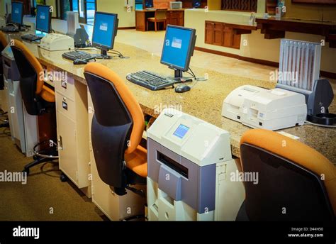 Bank Interior Teller Stations W Computer Monitors Stock Photo Alamy