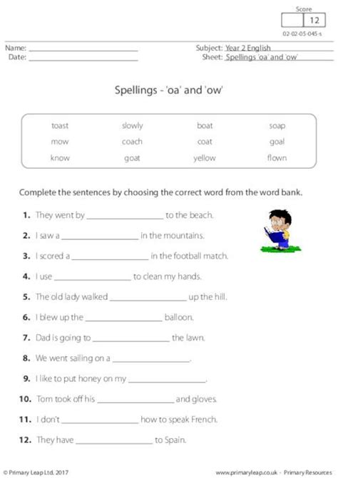 PrimaryLeap.co.uk - Spellings - 'oa' and 'ow' Worksheet | Teaching