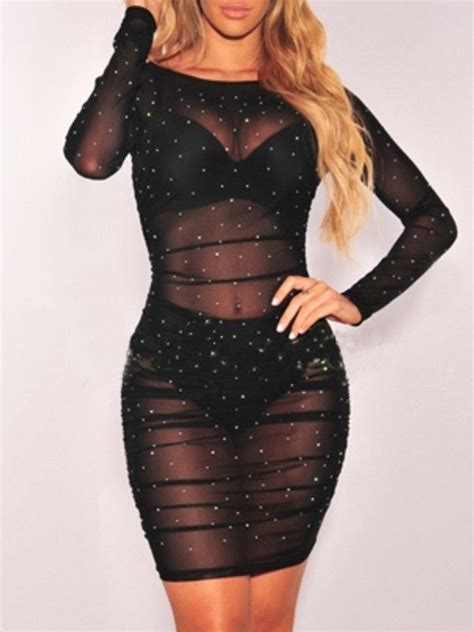 Sheer Mesh Rhinestone Embellished Ruched Bodycon Dress Bodycon Outfit Casual Bodycon Dress