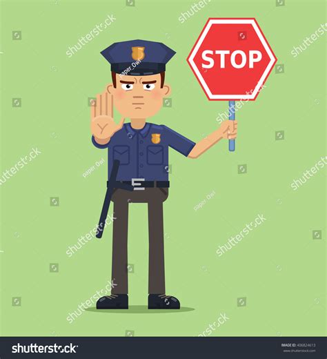 Illustration Confident Policeman Holding Stop Sign Stock Vector