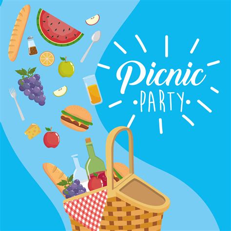 Picknick Party Plakat Mit Korb Und Essen Vektor Kunst Bei Vecteezy