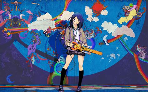 Sfondi Colorato Illustrazione Anime Girls Capelli Blu Calzini