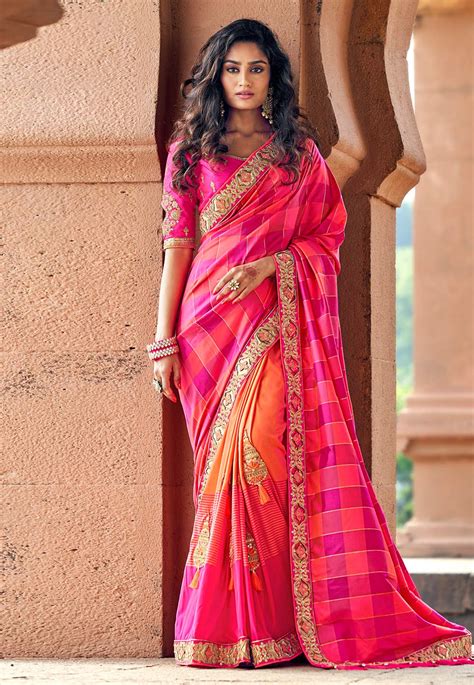 pink silk embroidered saree with blouse 3809
