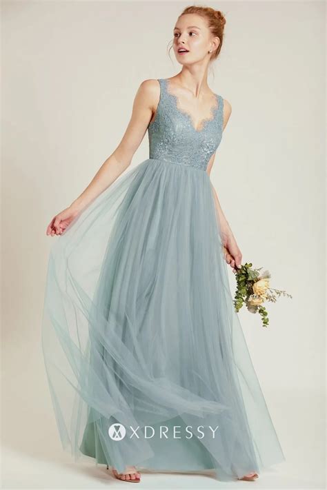 scalloped lace v neck dusty blue tulle bridesmaid dress xdressy