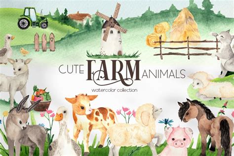 Watercolor Farm Animals (1213323) | Illustrations | Design Bundles