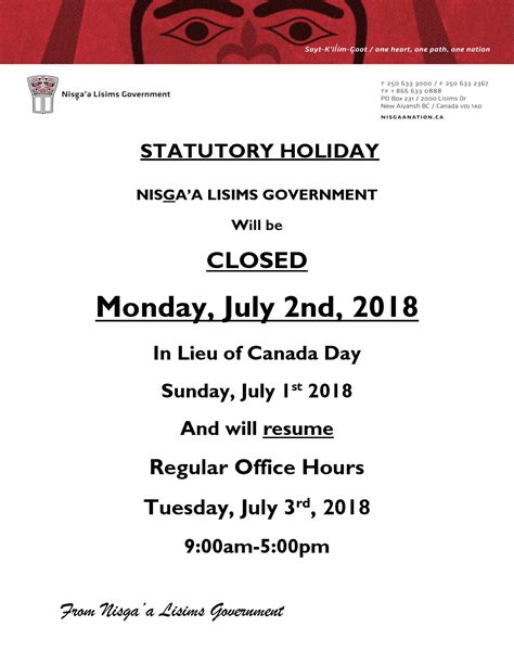 Notice Canada Day Statutory Holiday Closure Nisgaa