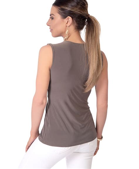 Womens V Neck Sleeveless Blouse Plunge Top Silky Front Knot Ruched Vest