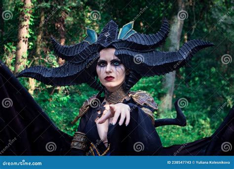 Gothic Lady With Horns Goddess Lilith With Wings Lilith Diablo Cosplay Stock Image
