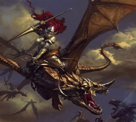 Dragon Warrior Lance Fighting Red Head Woman Dragons Hd Wallpaper