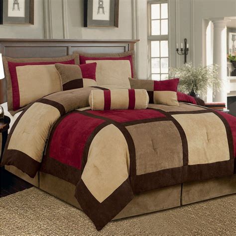 King Size 7 Piece Bed Bag Patchwork Comforter Set In Brown Burgundy Red