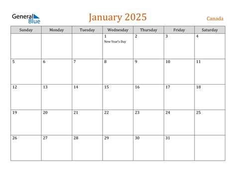 Canada January 2025 Calendar With Holidays