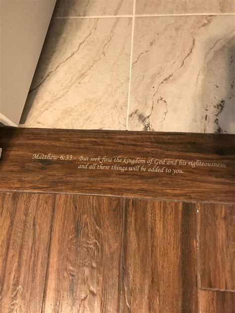 Wood tile room transition with Engraved scripture. | Tile room transition, Wood tile, Hardwood ...