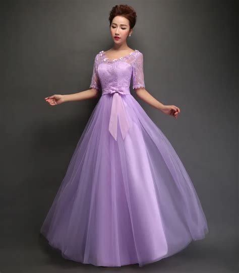 Buy 2017 Purple Bridesmaid Dresses Tulle Sheer Neck Half Sleeves Elegant Long