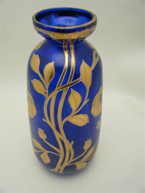 Harrach Or Josephinenhutte Art Nouveau Jugendstil Blue Cobalt Glass Vase Gilded Lily