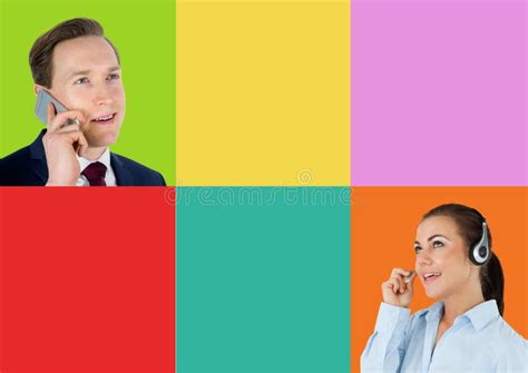 Call Center Customer Service People In Colorful Square Sections Stock