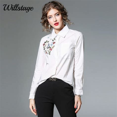 Willstage Women Shirts Long Sleeve Floral Embroidery Striped Printed