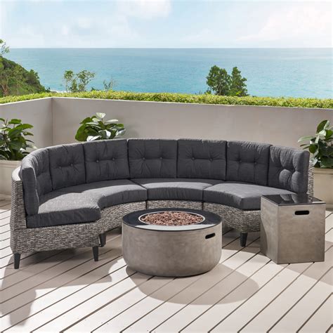 Breann Outdoor Round 4 Seater Wicker Sectional Set With Fire Pit And T