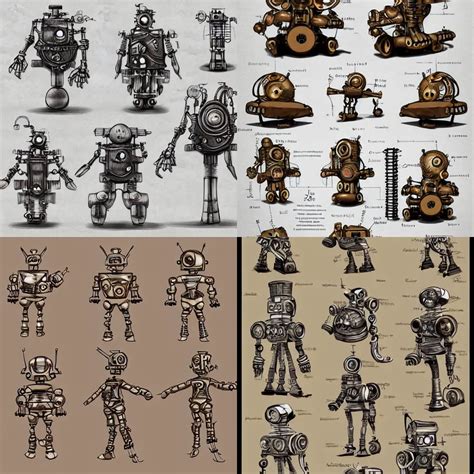 Cute Steampunk Robot Concept Art Model Sheet Design Stable Diffusion