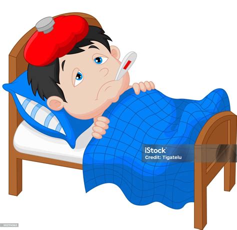 Kartun Anak Sakit Berbaring Di Tempat Tidur Ilustrasi Stok Unduh