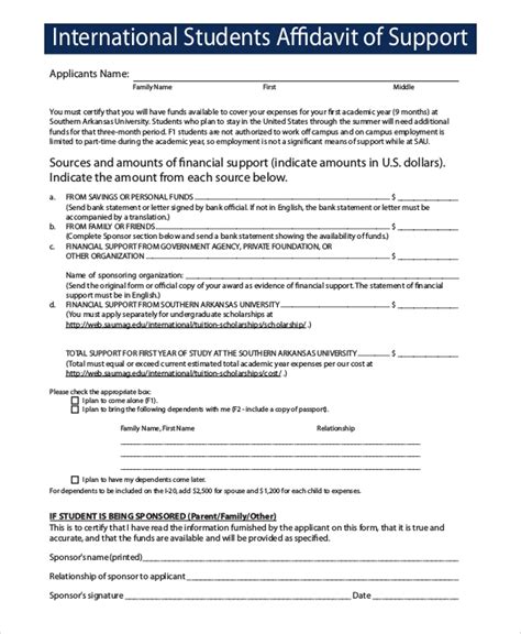 sample affidavit  support  examples