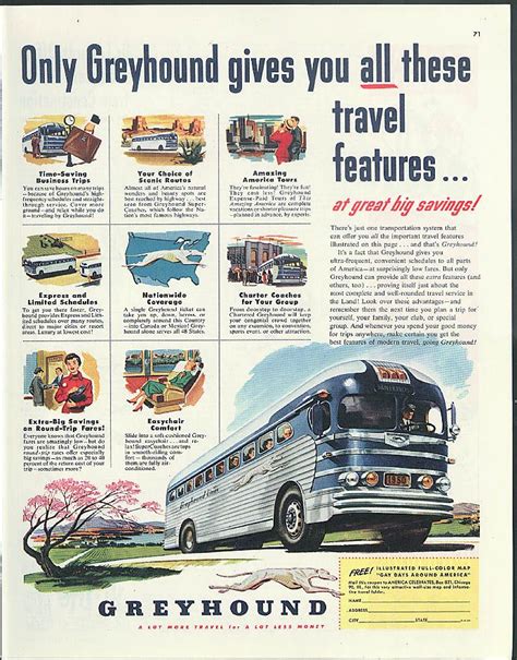 Only Greyhound Bus Gives You All These Travel Features Ad 1950