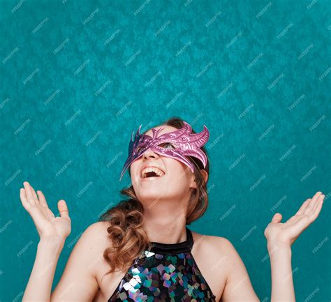 Free Photo Happy Woman With Pink Mask Laughs