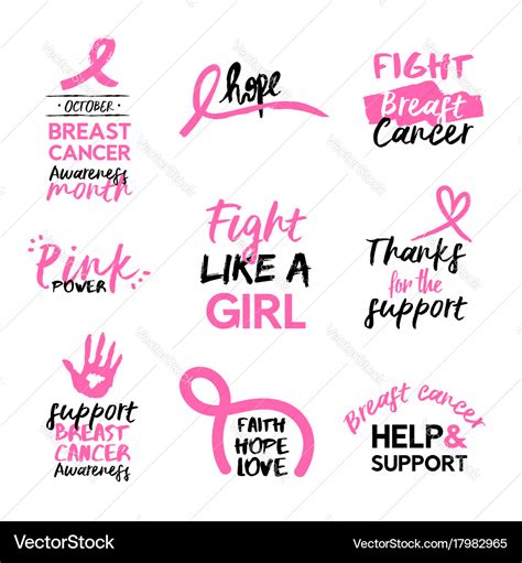Breast Cancer Awareness Pink Hand Drawn Quote Set Vector Image