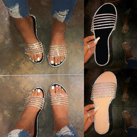 Womens Fashion Flat Sliders Summer Sparkly Rhinestone Sandals Uygun