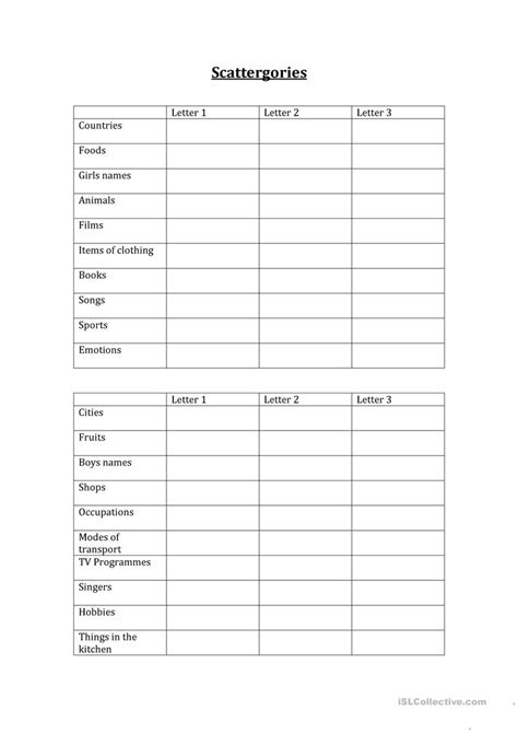 Scattergories Worksheet Free Esl Printable Worksheets Madeteachers