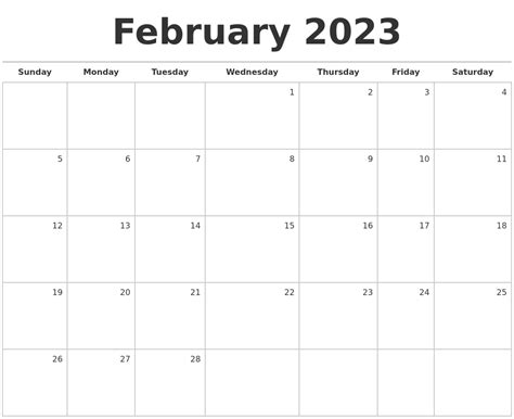 February 2023 Blank Monthly Calendar